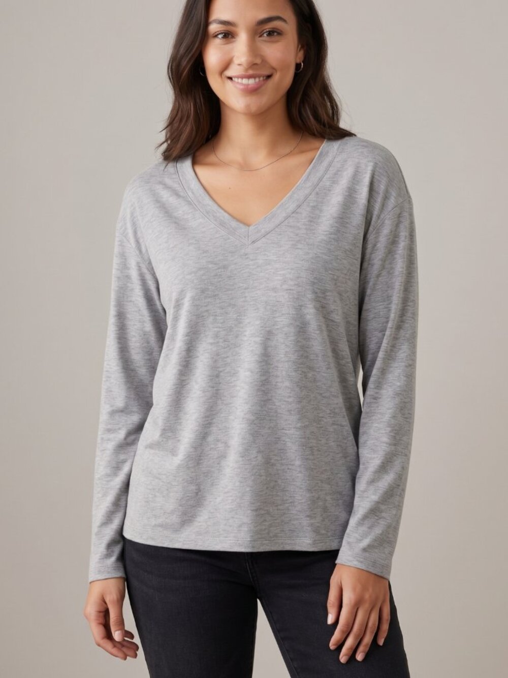 NWT PRETTYGARDEN Gray V-Neck Long Sleeve Casual Basic Top Small